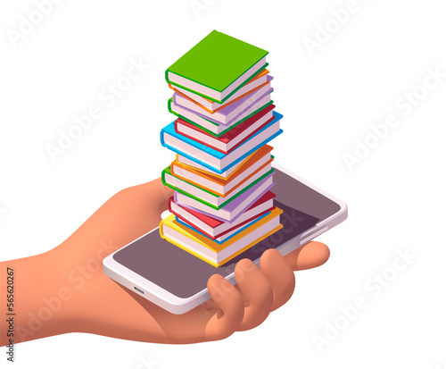 Hand Holding Smartphone With Heap of Books. Reading or Mobile Library App Concept. Isometric Illustration