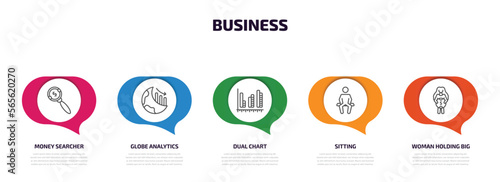 business infographic element with outline icons and 5 step or option. business icons such as money searcher, globe analytics, dual chart, sitting, woman holding big coin vector.