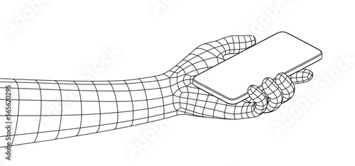 Polygonal Mesh or Wireframe Hand Holding Smartphone, Vector Mock-up or Template
