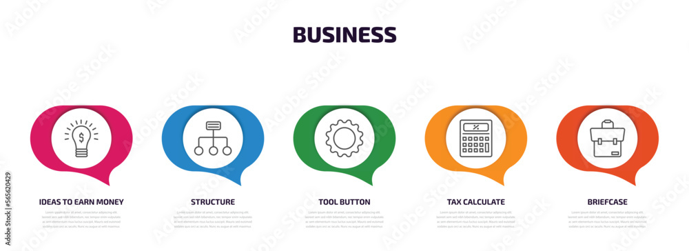 business infographic element with outline icons and 5 step or option. business icons such as ideas to earn money, structure, tool button, tax calculate, briefcase vector. business infographic element with outline icons and 5 step or option. business icons such as ideas to earn money, structure, tool button, tax calculate, briefcase vector.