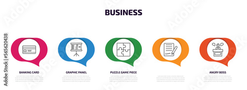 business infographic element with outline icons and 5 step or option. business icons such as banking card, graphic panel, puzzle game piece, , angry boss vector.