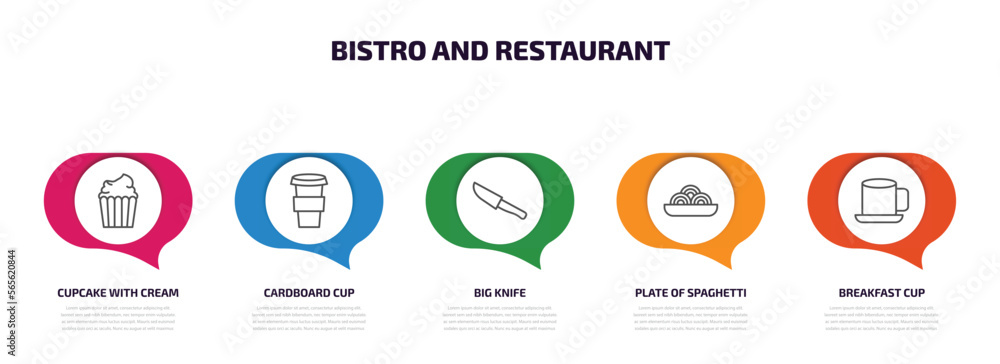 bistro and restaurant infographic element with outline icons and 5 step or option. bistro and restaurant icons such as cupcake with cream, cardboard cup, big knife, plate of spaghetti, breakfast cup bistro and restaurant infographic element with outline icons and 5 step or option. bistro and restaurant icons such as cupcake with cream, cardboard cup, big knife, plate of spaghetti, breakfast cup