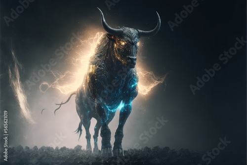  a bull with horns standing in a dark room with lightning coming from its back end and a black background with a blue light coming from its eyes.  generative ai photo