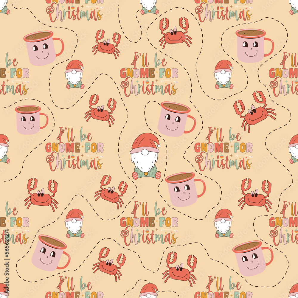 Retro Groovy Christmas seamless pattern with . Cute Holidays background. Wrapping design. Stock