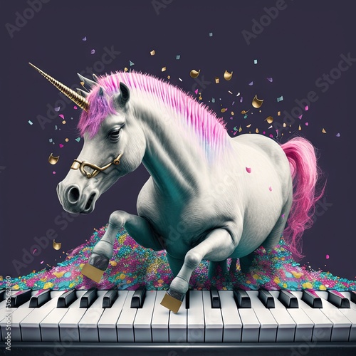  a unicorn is sitting on a piano keyboard with a pink mane and a gold horn on its head and a purple background with confetti.  generative ai photo