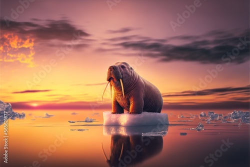  a walpopo sitting on an ice floet in the ocean at sunset with a sunset in the background and a few ice floets floating in the water.  generative ai photo