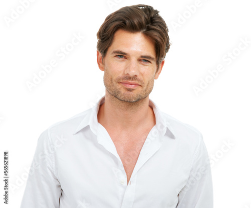 Portrait, attractive and confident man in studio, relax and smile while standing against white background. Face, model and casual, handsome male posing with mockup, smirk and thinking while isolated
