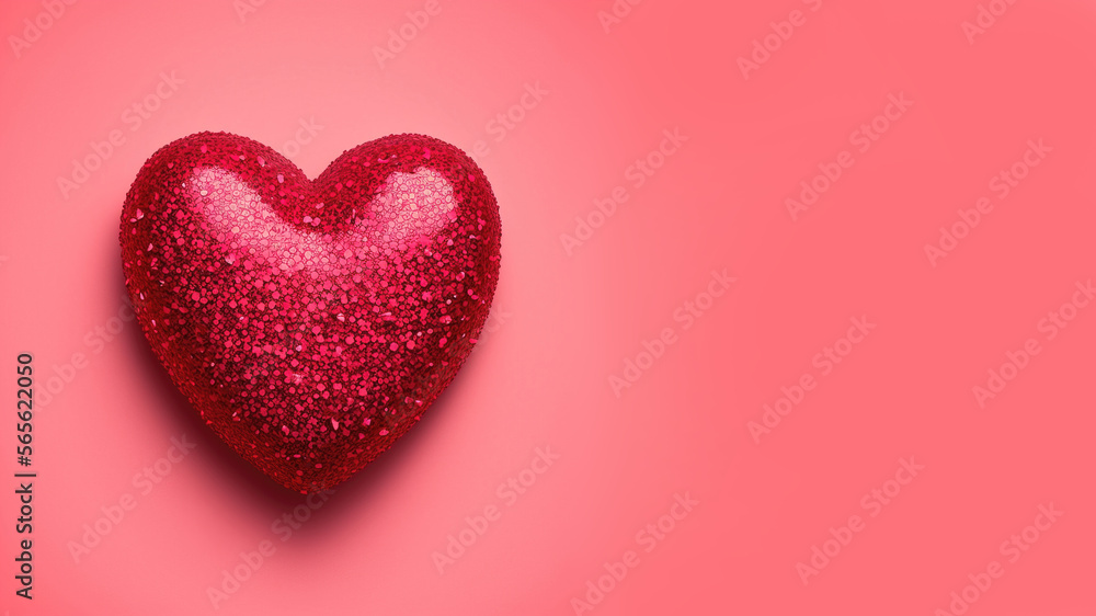 Glitter heart on pink background with copy space. Generative AI.