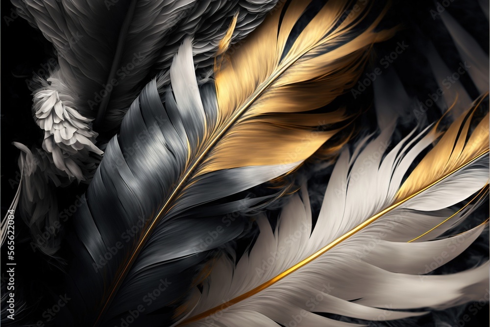a close up of a black and white feather with gold accents on it's ...