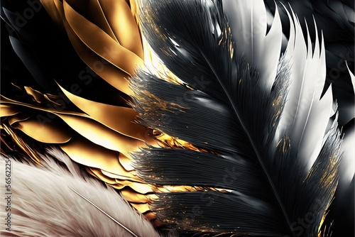  a close up of a cell phone with feathers on it's back side and a gold and black background with a white feather on the front.  generative ai photo