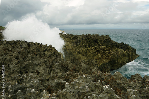 The waves crash on the rocks