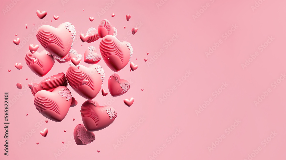 pink floating hearts with copy space. Generative AI.