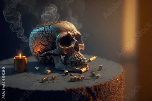 Rauchender Schädel vor schwarzem Hintergrund mit Studiolicht, Rauchen gefährdet die Gesundheit, Rauchen schadet, Zigarettenrauch, Generative AI photo