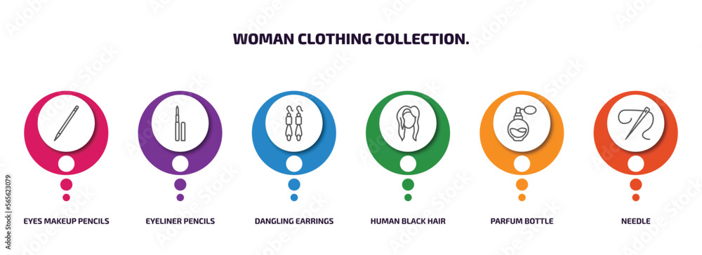 woman clothing collection. infographic element with outline icons and 6 step or option. woman clothing collection. icons such as eyes makeup pencils, eyeliner pencils, dangling earrings, human black woman clothing collection. infographic element with outline icons and 6 step or option. woman clothing collection. icons such as eyes makeup pencils, eyeliner pencils, dangling earrings, human black
