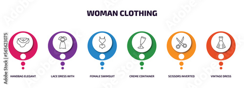 woman clothing infographic element with outline icons and 6 step or option. woman clothing icons such as handbag elegant, lace dress with belt, female swimsuit, creme container black, scissors