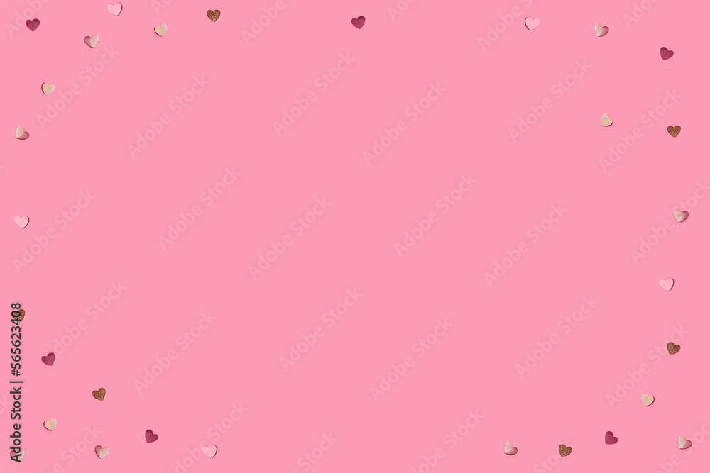 Pink background with glitter hearts. Top view. Copy space. Generative AI.