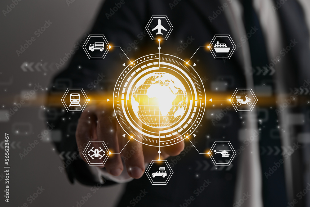 Fototapeta premium Businessman Hand and Finger Touch Globe or World and HUD Hexagon Logistics Icon
