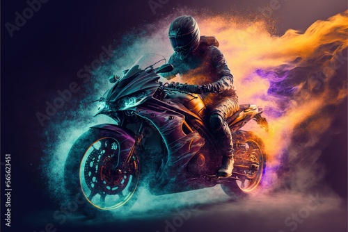 Fotografija a man riding a motorcycle on a colorful background with smoke and flames behind him and a black background behind him and a yellow and purple smoke