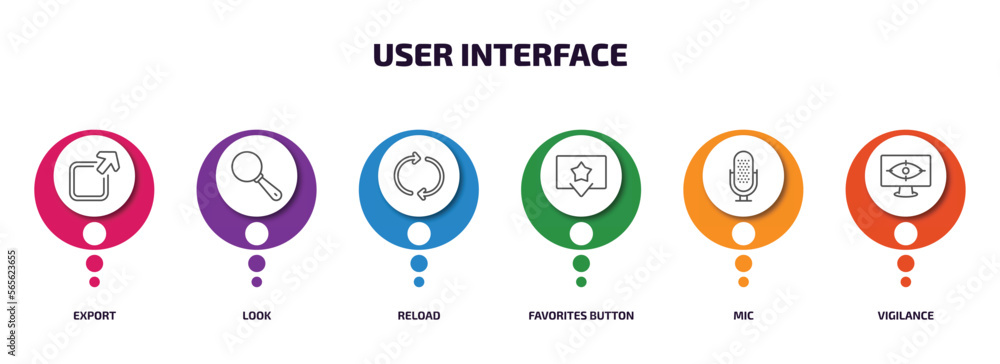 user interface infographic element with outline icons and 6 step or option. user interface icons such as export, look, reload, favorites button, mic, vigilance vector. user interface infographic element with outline icons and 6 step or option. user interface icons such as export, look, reload, favorites button, mic, vigilance vector.