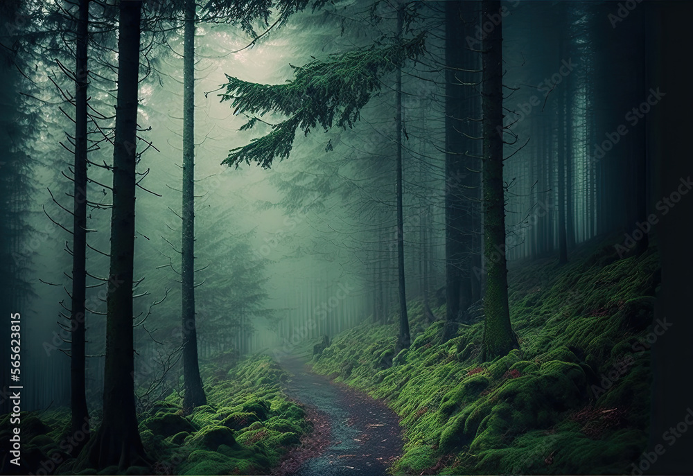 Obraz premium foggy forest scene created with Generative AI technology
