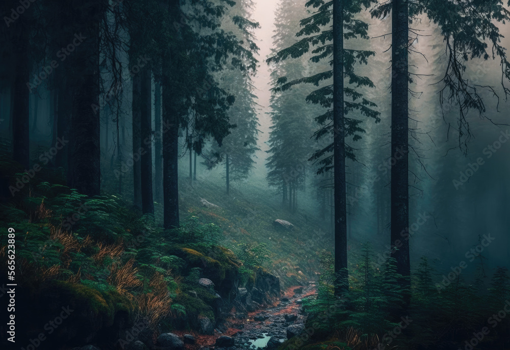 Fototapeta premium foggy forest scene created with Generative AI technology