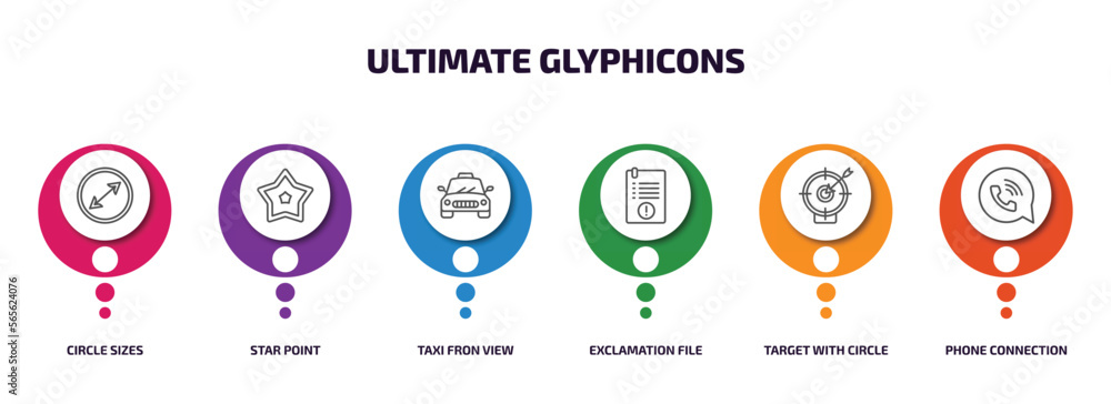 ultimate glyphicons infographic element with outline icons and 6 step or option. ultimate glyphicons icons such as circle sizes, star point, taxi fron view, exclamation file, target with circle, ultimate glyphicons infographic element with outline icons and 6 step or option. ultimate glyphicons icons such as circle sizes, star point, taxi fron view, exclamation file, target with circle,