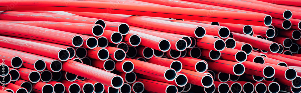 lot of red plastic pipes for laying and protecting the electrical cable underground lot of red plastic pipes for laying and protecting the electrical cable underground