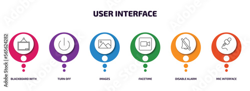 user interface infographic element with outline icons and 6 step or option. user interface icons such as blackboard with, turn off, images, facetime, disable alarm, mic interface vector.