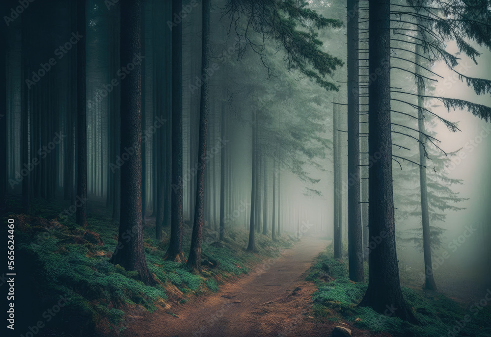 Naklejka premium foggy forest scene in darken colors created with Generative AI technology