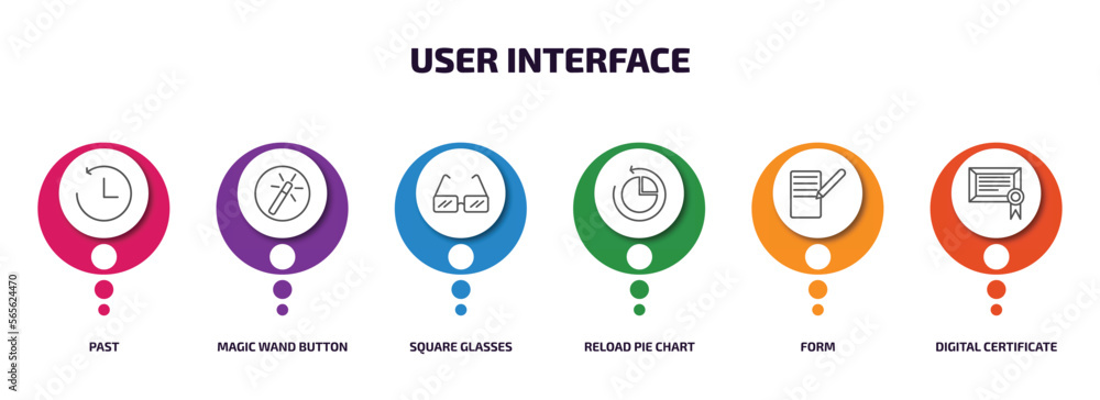user interface infographic element with outline icons and 6 step or option. user interface icons such as past, magic wand button, square glasses, reload pie chart, form, digital certificate vector. user interface infographic element with outline icons and 6 step or option. user interface icons such as past, magic wand button, square glasses, reload pie chart, form, digital certificate vector.
