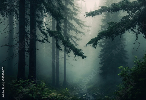 foggy forest scene in darken colors created with Generative AI technology