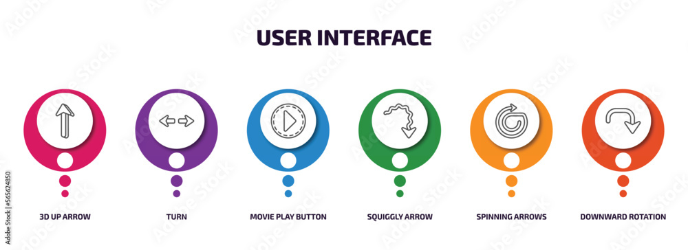 user interface infographic element with outline icons and 6 step or option. user interface icons such as 3d up arrow, turn, movie play button, squiggly arrow, spinning arrows, downward rotation user interface infographic element with outline icons and 6 step or option. user interface icons such as 3d up arrow, turn, movie play button, squiggly arrow, spinning arrows, downward rotation