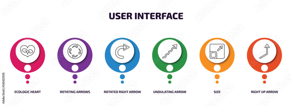 user interface infographic element with outline icons and 6 step or option. user interface icons such as ecologic heart, rotating arrows, rotated right arrow, undulating arrow, size, right up arrow user interface infographic element with outline icons and 6 step or option. user interface icons such as ecologic heart, rotating arrows, rotated right arrow, undulating arrow, size, right up arrow