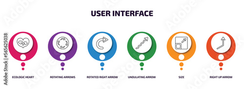 user interface infographic element with outline icons and 6 step or option. user interface icons such as ecologic heart, rotating arrows, rotated right arrow, undulating arrow, size, right up arrow