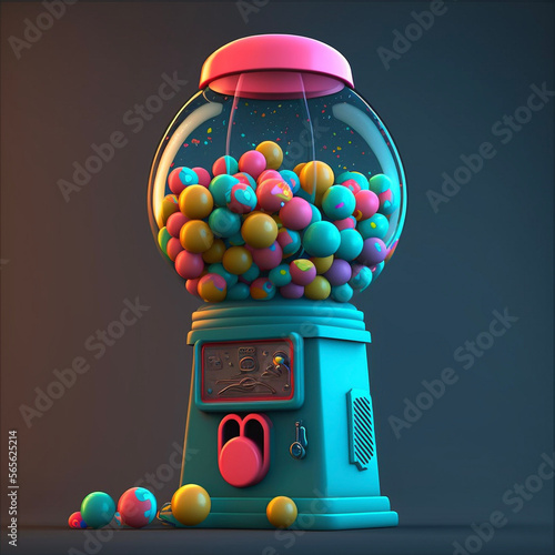 Colorful neon gumball machine on dark background, generative ai