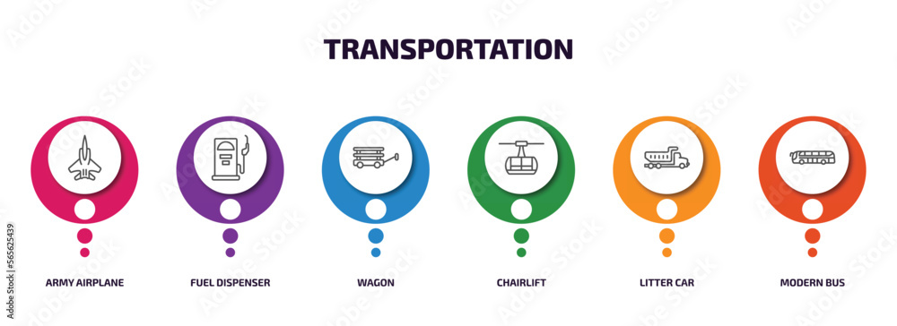 transportation infographic element with outline icons and 6 step or option. transportation icons such as army airplane, fuel dispenser, wagon, chairlift, litter car, modern bus vector. transportation infographic element with outline icons and 6 step or option. transportation icons such as army airplane, fuel dispenser, wagon, chairlift, litter car, modern bus vector.