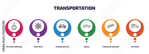 transportation infographic element with outline icons and 6 step or option. transportation icons such as military airplane, ship helm, vintage bicycle, sedan, funicular railway, off road vector.