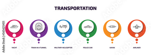 transportation infographic element with outline icons and 6 step or option. transportation icons such as yacht, train in a tunnel, military helicopter, police car, kayak, airliner vector.