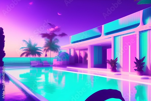 pool space. Vapor wave purple colours style wallpaper. Travel aesthetics - generative ai