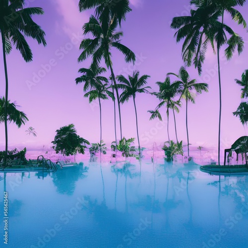 pool space. Vapor wave purple colours style wallpaper. Travel aesthetics - generative ai © unalcreative