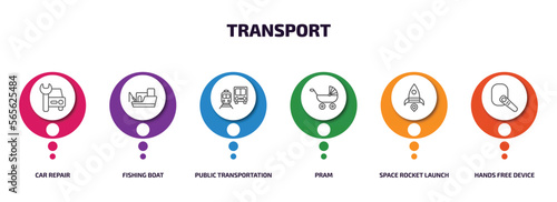 transport infographic element with outline icons and 6 step or option. transport icons such as car repair, fishing boat, public transportation, pram, space rocket launch, hands free device vector.