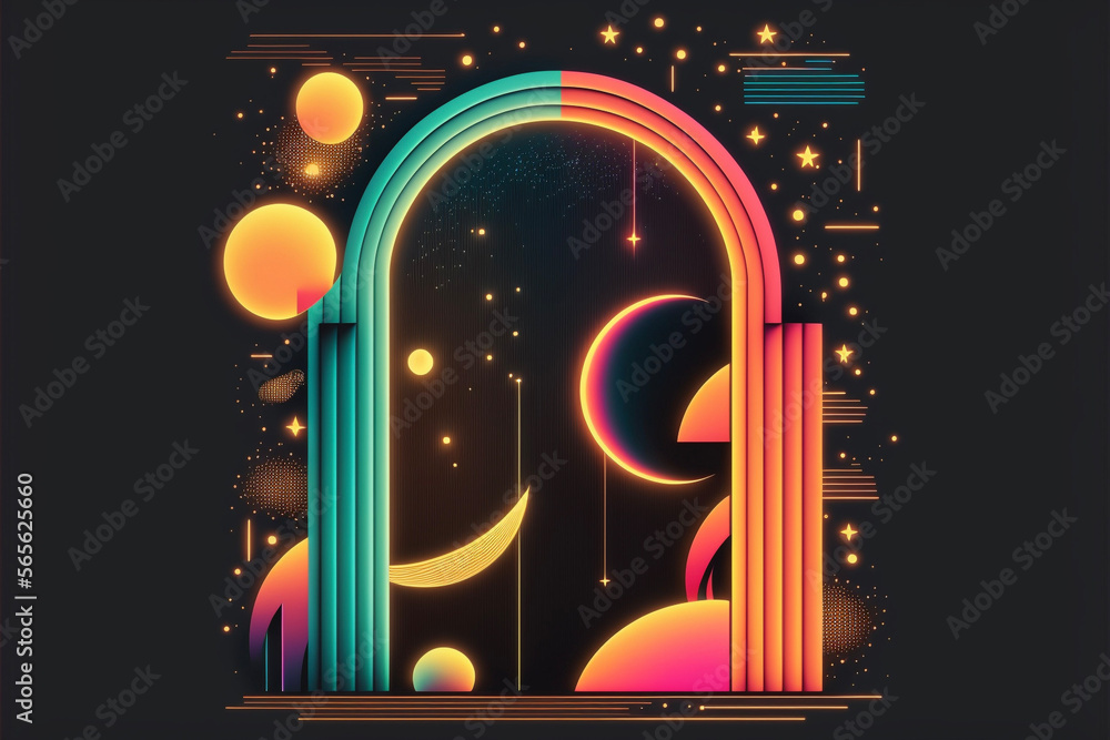 Neon rainbow vector portal to outer space with moons stars planets and dark background, generative ai