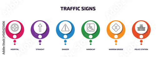 traffic signs infographic element with outline icons and 6 step or option. traffic signs icons such as hospital, straight, danger, handicap, narrow bridge, police station vector.