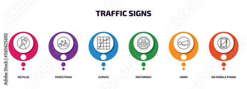 traffic signs infographic element with outline icons and 6 step or option. traffic signs icons such as no plug  pedestrian  curves  motorway  horn  no mobile phone vector.