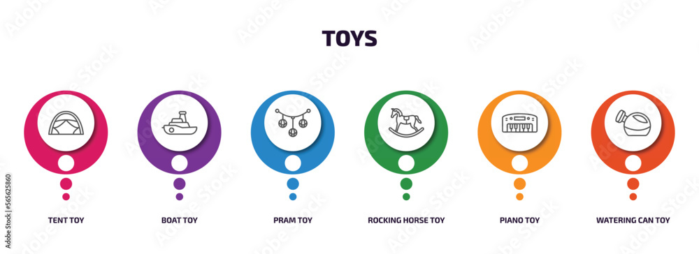 toys infographic element with outline icons and 6 step or option. toys icons such as tent toy, boat toy, pram toy, rocking horse piano watering can vector. toys infographic element with outline icons and 6 step or option. toys icons such as tent toy, boat toy, pram toy, rocking horse piano watering can vector.