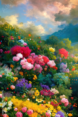 Paradise garden full of flowers, beautiful idyllic background with many flowers in eden, 3d illustration with juicy colors and vertical composition. Generative AI.