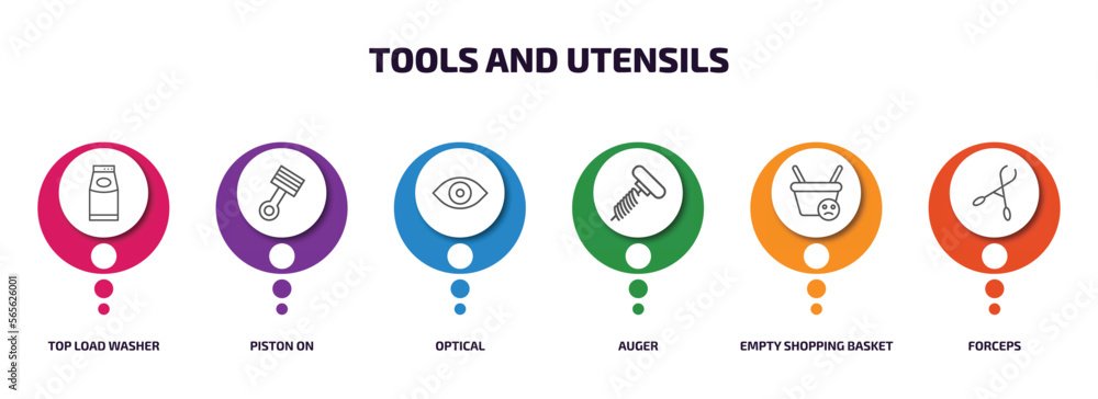 tools and utensils infographic element with outline icons and 6 step or option. tools and utensils icons such as top load washer, piston on, optical, auger, empty shopping basket, forceps vector. tools and utensils infographic element with outline icons and 6 step or option. tools and utensils icons such as top load washer, piston on, optical, auger, empty shopping basket, forceps vector.