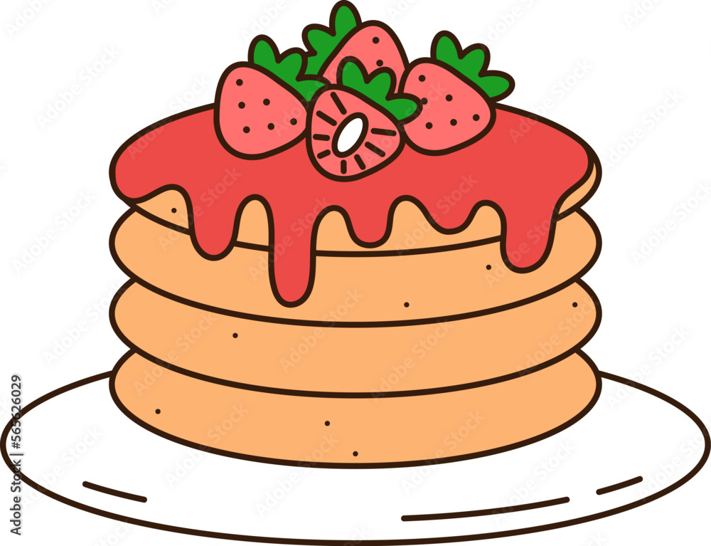 Pancakes with strawberries doodle icon. Pancakes with strawberries doodle icon.