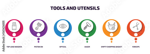 tools and utensils infographic element with outline icons and 6 step or option. tools and utensils icons such as top load washer, piston on, optical, auger, empty shopping basket, forceps vector.