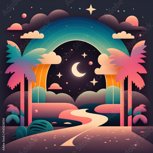 Neon rainbow vector portal to outer space with moons stars planets and dark background, generative ai